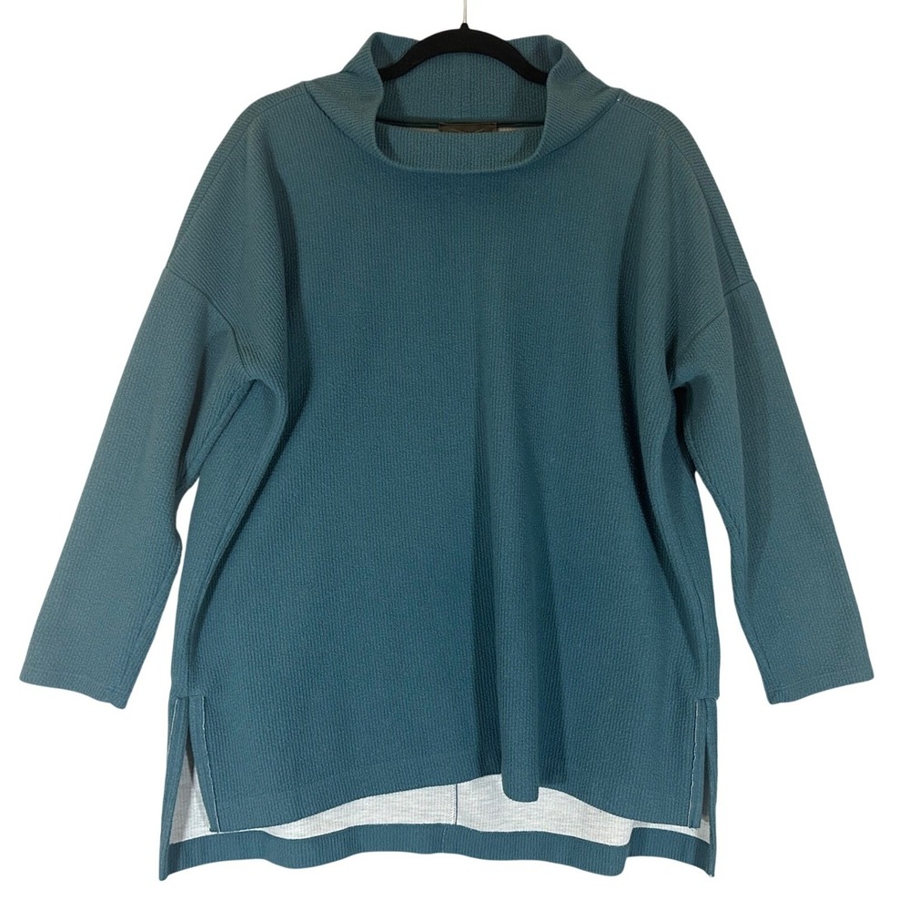 by Anthropologie Funnel Neck Pullover Sz L Teal Ribbed Textured Knit Beachy Slit